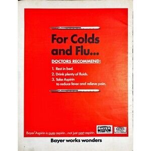 Bayer Aspiran "For Colds and Flu: reduce fever and pain" Vintage Print Ad 1966